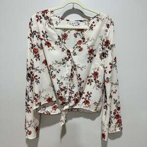 Lovefire Floral V-Neck Tie-Front Blouse, White & Rust, Long Sleeve, Sz L